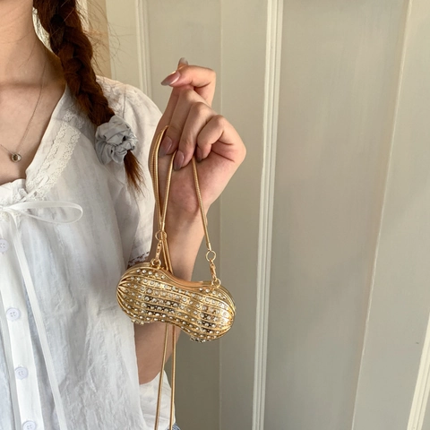 Bolso de Noche de Lujo para Mujer Forma Cacahuete Acrílico Diamantes Imitación Minaudiere Clutch con Cadena Bandoulière Fiesta Oro Plata