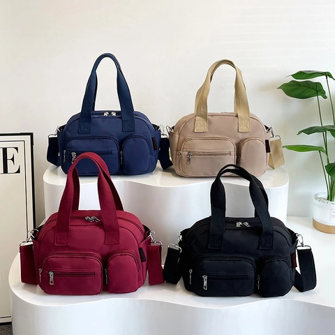Women Canvas Shoulder Bag Large Capacity Solid Color Travel Tote Crossbody Casual Multi Pocket Fashion Handbag For Lady