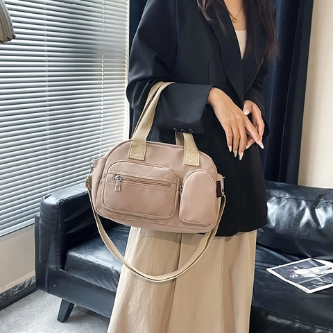Women Canvas Shoulder Bag Large Capacity Solid Color Travel Tote Crossbody Casual Multi Pocket Fashion Handbag For Lady