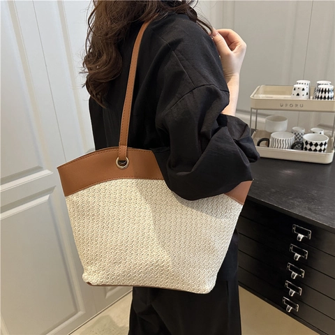 Damen Casual Webstruktur Tote-Tasche Große Kapazität Stroh Strandtasche PU Leder Patchwork Umhängetasche Sommerurlaub Handtasche