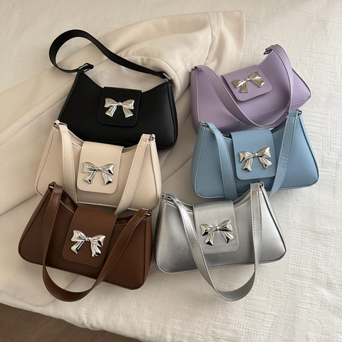 Fashion Women PU Leather Underarm Bag Minimalist Korean Style Shoulder Bag With Silver Metallic Bow Bowknot Small Square Purse
