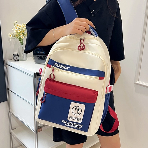 Unisex Large Capacity Colorblock School Backpack Nylon Contrast Color Travel Laptop Bag For High School Students