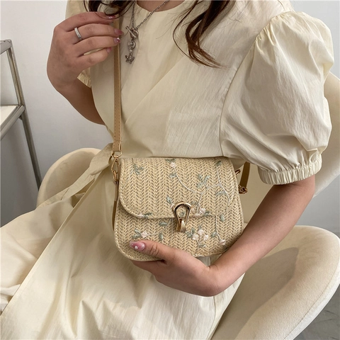 Bolso de Hombro de Paja Tejido a Mano para Mujer Bolso de Bandoulière con Bordado Floral Mini Bolso de Playa de Verano con Cierre de Metal Correa de PU