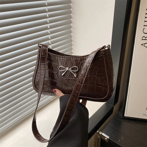 Borsa Sottoascellare in Pelle PU Stile Britannico con Motivo Coccodrillo per Donna Borsa a Tracolla Minimalista con Fiocco in Metallo Retro