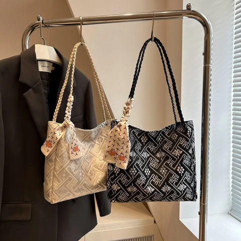 Sac Fourre-tout Jacquard pour Femmes Style Ethnique Grande Capacité Sac à Bandoulière Avec Poignées Tissées et Foulard Décoratif Motif Floral Géométrique