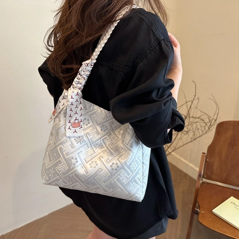 Sac Fourre-tout Jacquard pour Femmes Style Ethnique Grande Capacité Sac à Bandoulière Avec Poignées Tissées et Foulard Décoratif Motif Floral Géométrique