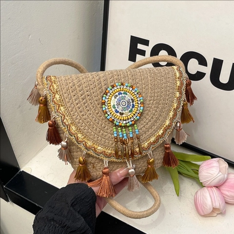 Borsa a Spalla Etnica Boho in Paglia Intrecciata Donna Borsa a Tracolla Nappe Perline Ornamenti Vacanze Estive Finiture in PU