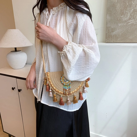 Borsa a Spalla Etnica Boho in Paglia Intrecciata Donna Borsa a Tracolla Nappe Perline Ornamenti Vacanze Estive Finiture in PU