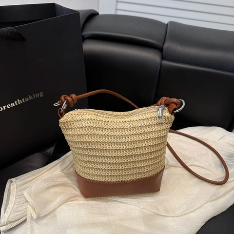 Damen Mode Gewebt Stroh Beuteltasche Kunstleder Patchwork Umhängetasche Lässig Sommer Strand Kleine Handtasche