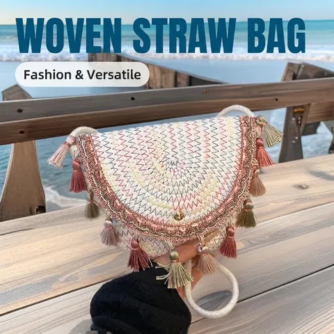 Damen Bohemian Stroh Gewebte Umhängetasche Handgefertigte Quaste Stickerei Crossbody Strandtasche Casual Sommer Urlaub Mode Handtasche