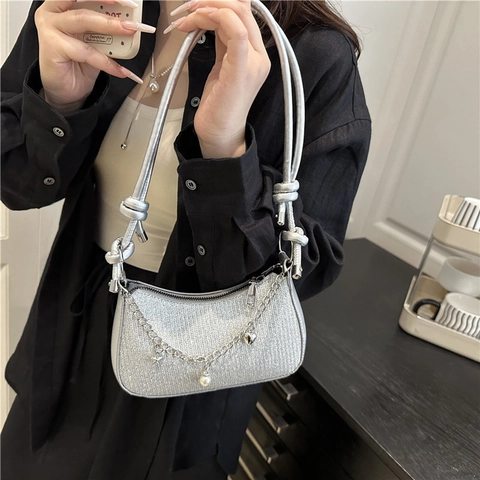 Borsa Sotto l'Ascella in Pelle PU con Paillettes Donna con Catena in Metallo Ciondoli Perla Artificiale Stella Cuore Borsa a Tracolla