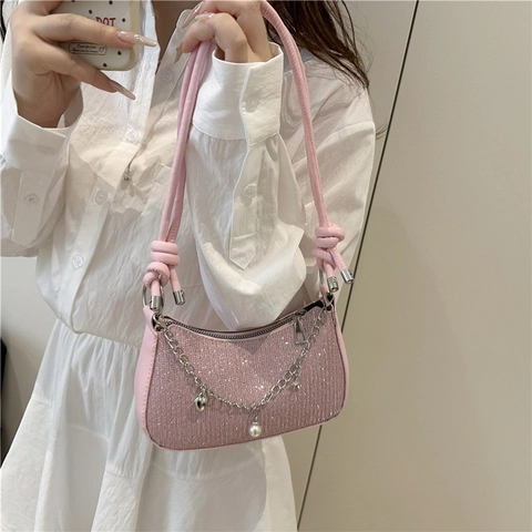 Borsa Sotto l'Ascella in Pelle PU con Paillettes Donna con Catena in Metallo Ciondoli Perla Artificiale Stella Cuore Borsa a Tracolla