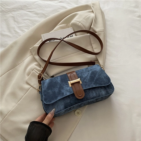 Borsa Baguette da Donna Retrò Con Fibbia ad H in Pelle PU Borsa a Spalla Vintage Texture Denim Borsa a Tracolla Handbag Casual da Pendolare