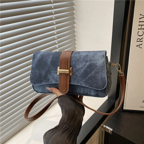 Borsa Baguette da Donna Retrò Con Fibbia ad H in Pelle PU Borsa a Spalla Vintage Texture Denim Borsa a Tracolla Handbag Casual da Pendolare