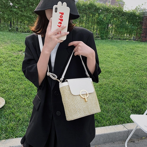 Mode Damen Stroh Geflochten Eimertasche Leder Patchwork Schulter Umhängetasche Mit Metallschloss Sommer Urlaub Lässige Tasche