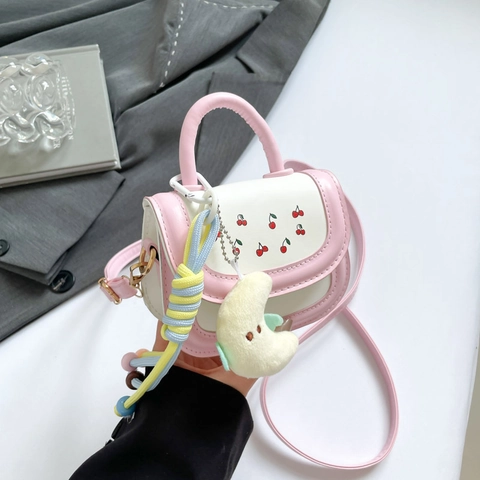 Sweet Cherry Print PU Leather Mini Square Bag Colorblock Women Handbag Crossbody Bag With Moon Pendant Decorative Satchel