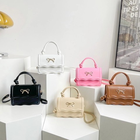 Women Stylish PU Leather Square Bag With Wave Flap Golden Bow Knot Handle Small Shoulder Crossbody Bag Trendy Daily Handbag