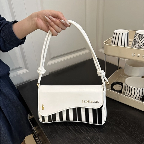 Bolso de Hombro para Mujer con Diseño de Teclas de Piano Cuero PU Artístico Notas Musicales Bolso de Axila Moda Bandolera
