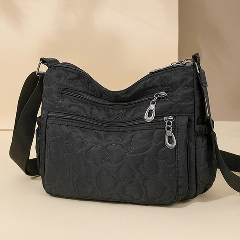 Bolso Bandolera de Nylon Acolchado de Corazón para Mujer Gran Capacidad Multi Bolsillos Bolso de Hombro Casual Ligero Viaje