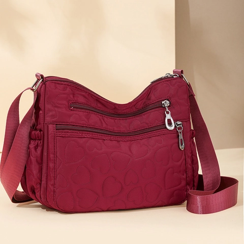 Bolso Bandolera de Nylon Acolchado de Corazón para Mujer Gran Capacidad Multi Bolsillos Bolso de Hombro Casual Ligero Viaje