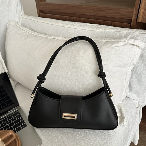 Damen PU Leder Baguette Unterarmtasche Elegante Urban Simplicity Schulter Umhängetasche Mit Goldener Metallschnalle Geknotetem Gurt