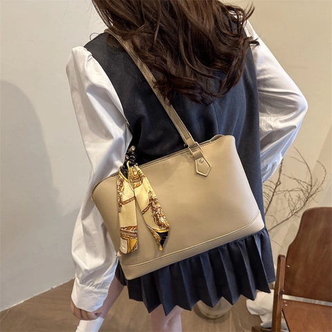 Large Capacity Women Tote Bag Premium PU Leather Shoulder Bag With Scarf Decor Commuter Handbag Urban Minimalist Underarm Bag