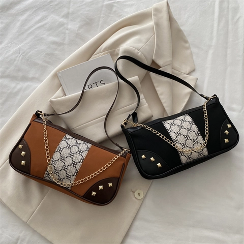 Retro PU Leder Umhängetasche Damen Patchwork Kleeblatt Muster Goldkette Nieten 2025 Frühling Lässige Handtasche