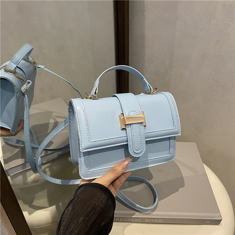 Borsa a Quadrato in Pelle PU Urban Simple da Donna Con Manico Superiore Fibbia in Metallo Dorato Giunzione Borsa a Tracolla Pendolare