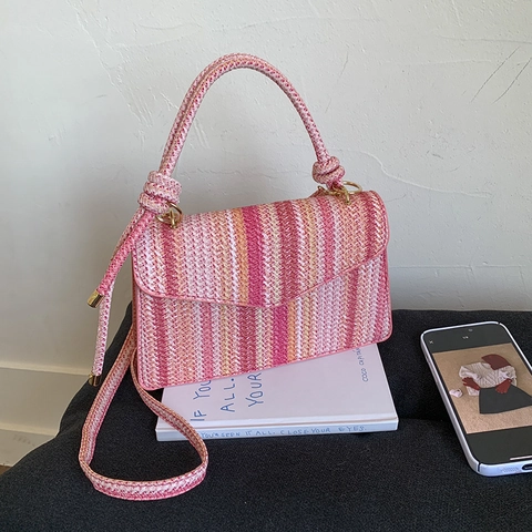 Gestreifte Gewebte PU Leder Umhängetasche Für Damen Vintage Bohemian Kleine Quadratische Umhängetasche Mit Griff Sommer Strandtasche