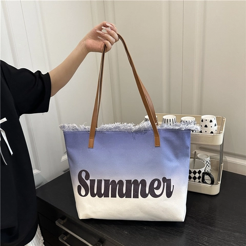 Sommer Farbverlauf Segeltuch Tragetasche Für Damen Große Kapazität Quasten Fransen Strand Umhängetasche Lässig Buchstaben Drucken Handtasche