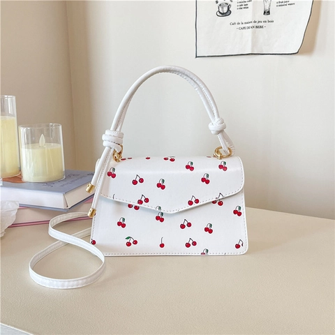 Fashion Sweet Cherry Print Small Square Bag For Women PU Leather Handbag With Knot Handle Versatile Shoulder Crossbody Bag
