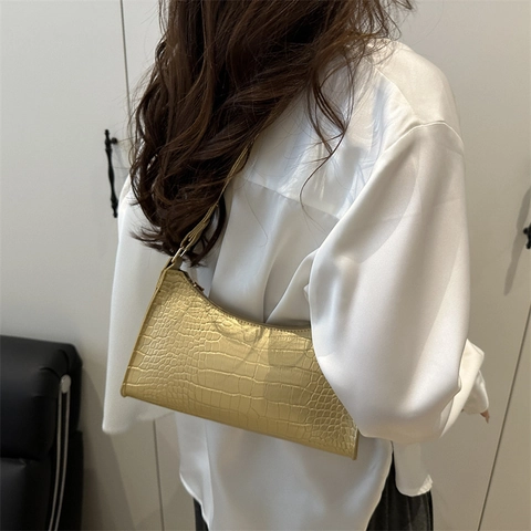 Bolso de Axila de Cuero PU de Moda Para Mujer Color Sólido Minimalista Patrón de Cocodrilo Bolso de Hombro Retro Baguette Para Uso Diario