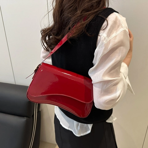 Fashion Patent Leather Underarm Bag For Women PU Shoulder Bag With Cherry Charm Retro Solid Color Flap Handbag Versatile Tote
