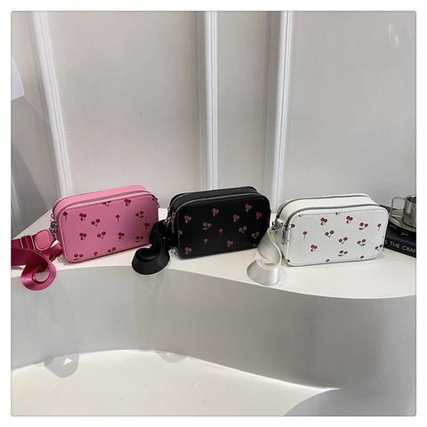 Borsa a Tracolla da Donna alla Moda con Stampa a Ciliegia in Pelle PU Piccola Borsa Fotografica Quadrata con Tracolla Larga