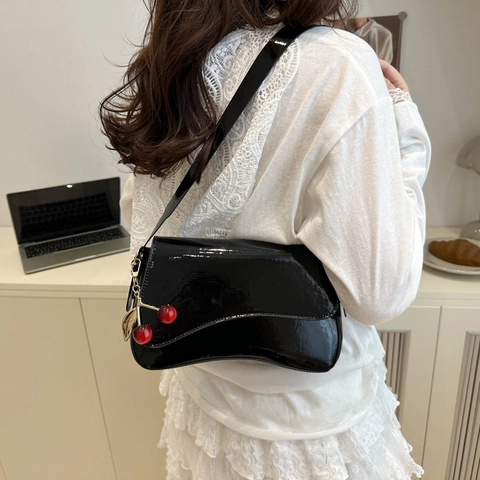 Fashion Patent Leather Underarm Bag For Women PU Shoulder Bag With Cherry Charm Retro Solid Color Flap Handbag Versatile Tote