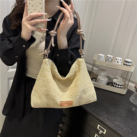 Borsa a Tracolla in Paglia Intrecciata Grande Capacità 2025 Primavera Estate per Donna Moda Minimalista Borsa Hobo con Cinghie Annodate Vacanza in Spiaggia