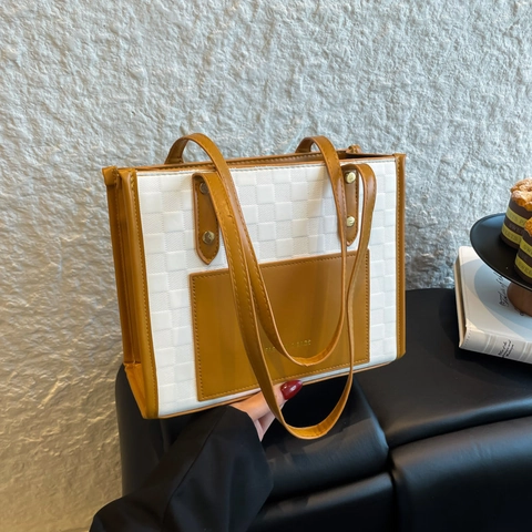 Women Large Capacity PU Leather Tote Bag Colorblock Checkerboard Shoulder Bag Minimalist Fashion Commuting Handbag For Daily
