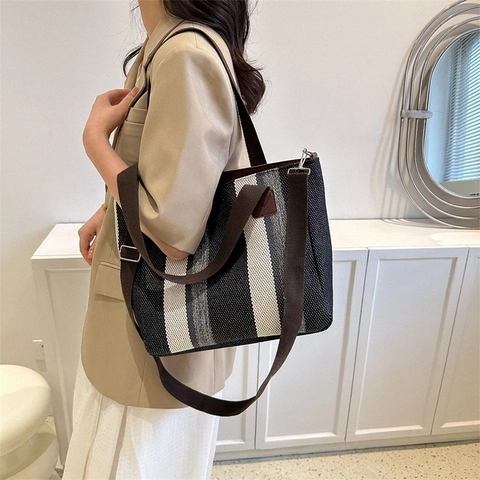 Women Large Vertical Stripe Cotton Linen Tote Bag Fashion Commuter Shoulder Bag With Adjustable Strap Retro Casual Handbag