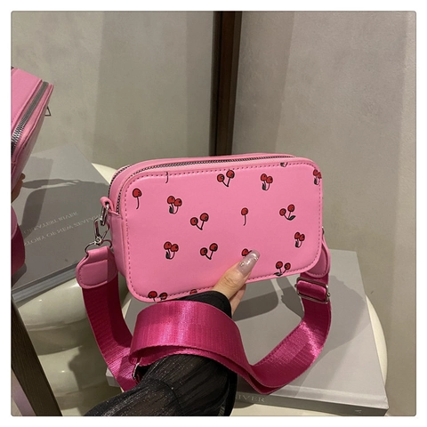 Borsa a Tracolla da Donna alla Moda con Stampa a Ciliegia in Pelle PU Piccola Borsa Fotografica Quadrata con Tracolla Larga