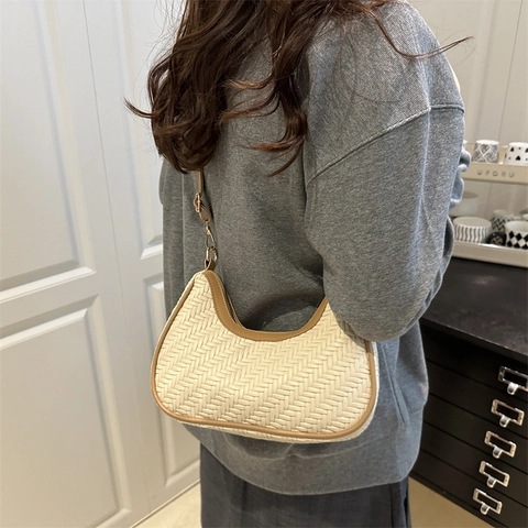 Damen Gewebt PU Leder Hobo Achseltasche Retro Minimalistisch Halbmond Umhängetasche Mit Verstellbarem Riemen Mode Handtasche