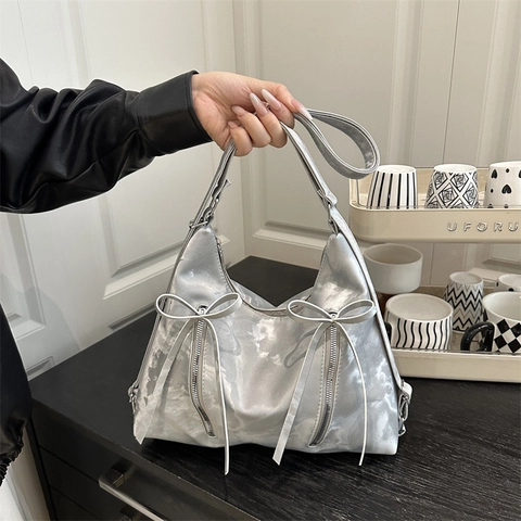Women Stylish Bowknot Shoulder Bag PU Leather Large Capacity Tote Bag With Double Zippers Korean Fashion Casual Handbag