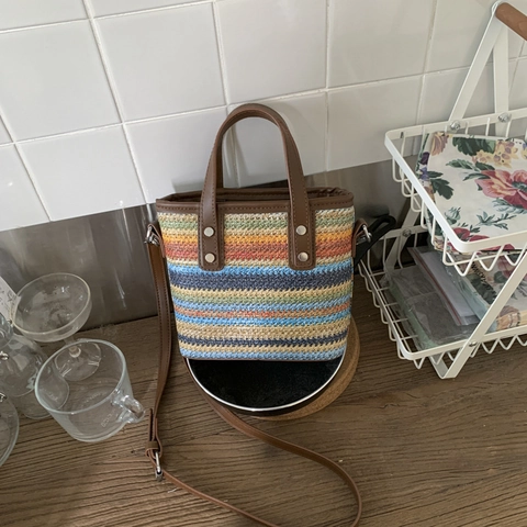 Damen Regenbogen Gestreifte Strohgeflecht Handtasche Böhmische Beuteltasche Mit PU-Leder Griff Sommer Strand Schulter Umhängetasche