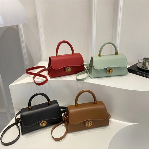 Bolso Cuadrado Pequeño de Cuero PU Vintage para Mujer Con Cierre Giratorio de Metal Costuras de Color Sólido Bolso de Hombro