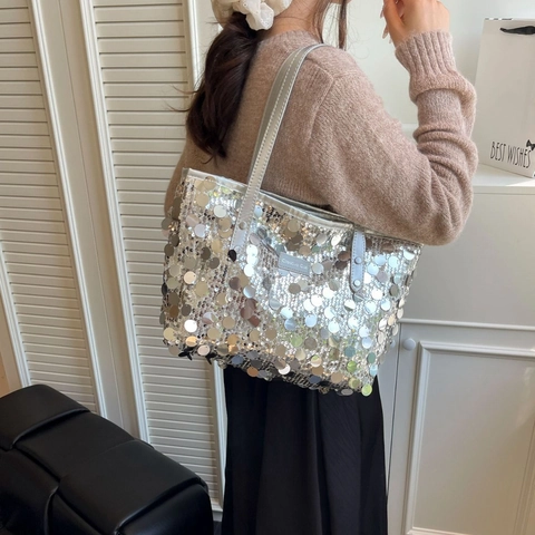 Borsa Tote in Lustrini da Donna Moda Grande Capacità Retrò Lucida Borsa a Tracolla Street Trend Manico in Pelle PU Pendolare