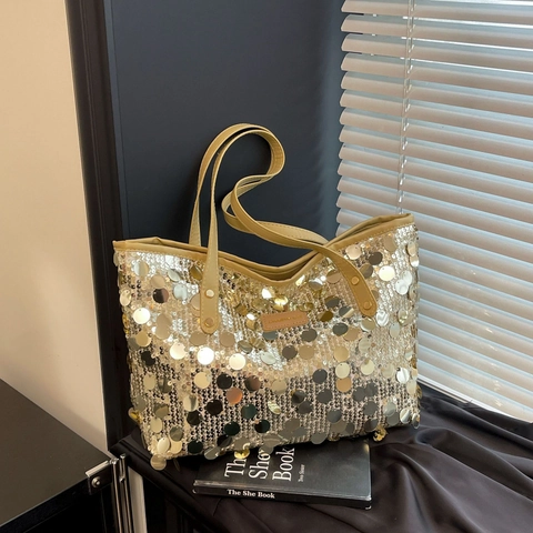 Borsa Tote in Lustrini da Donna Moda Grande Capacità Retrò Lucida Borsa a Tracolla Street Trend Manico in Pelle PU Pendolare