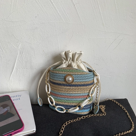 Bolso Cubo Étnico de Paja Tejida para Mujer Decoración Perlas Cuero PU Color Contraste Cadena Bolso de Hombro Moda
