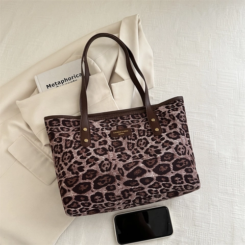 Fashion Leopard Print Large Capacity Tote Bag For Women Vintage PU Leather Shoulder Bag Casual Commuter Shopping Bag