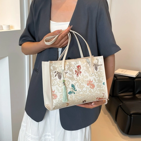 Nuova Borsa Tote da Donna in Stile Cinese Con Ricamo Jacquard Motivo a Farfalla Pesce Rosso Cachi Fiori Nappa Borsa a Spalla