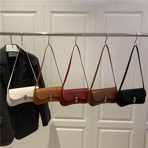 Bolso de Axila de Cuero PU Retro para Mujer Bolso de Hombro Minimalista de Color Sólido Con Hebilla de Metal Dorado Moda
