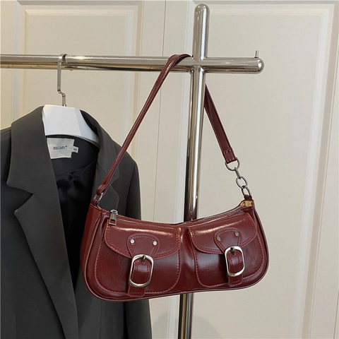 Borsa a Spalla Sottobraccio in Pelle PU Vintage per Donna Design Retro a Doppia Tasca Borsa Baguette Y2K con Dettaglio Catena Argento